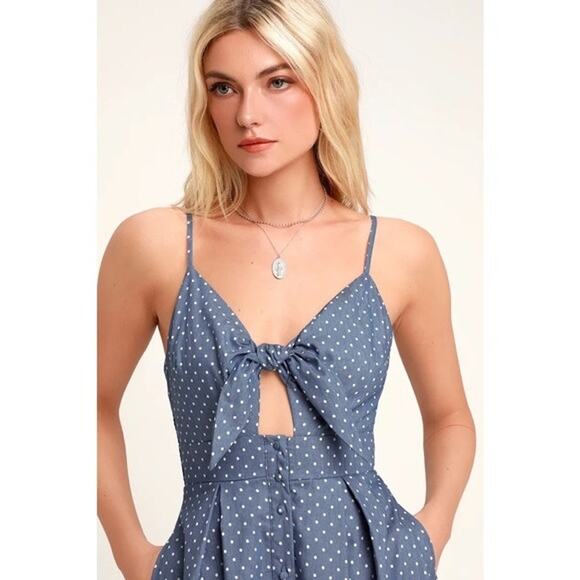 Lulus Bonnie Bell Blue White Polka Dot Midi Flare Dress Women's Medium Sundress - Picture 1 of 11